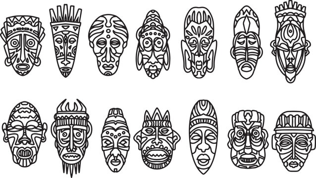 Hand drawn objects. Black and white line art drawing of ethnic mask. Outline illustration for coloring pages