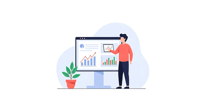A man presenting data on a large computer monitor with a plant nearby in a colorful graphic illustration
