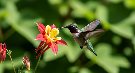 Obraz premium Hummingbird feeding on red and yellow columbine flower in green foliage image