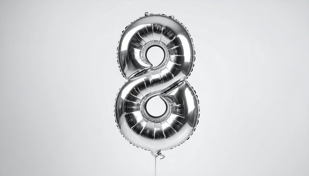 Silver balloon shaped as the number eight against a white background, tied with string