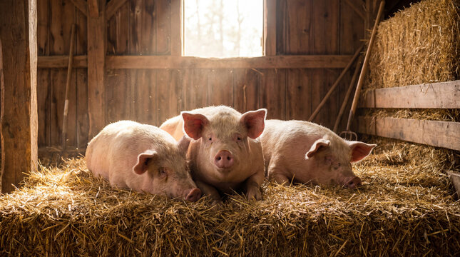 Three pigs relaxing peacefully on golden straw inside a rustic farm barn, bathed in warm sunlight. Rural livestock scene