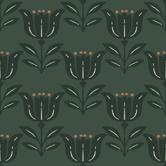 Seamless folk floral pattern with stylized tulip flowers and leaves in dark green background, scandinavian botanical design for fabric wallpaper textile wrapping. © opart
