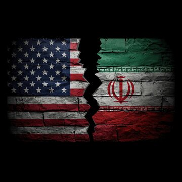 A torn wall with the flags of the United States and Iran on either side