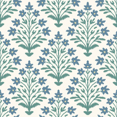 Fototapeta premium Seamless floral pattern with folk blue flowers and green leaves in textured ikat style on cream background, botanical repeat design for fabric textile wallpaper wrapping paper.