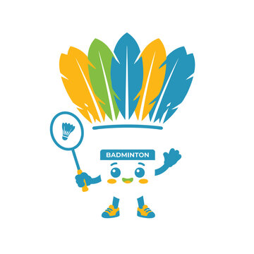 Vector illustration of cartoon badminton shuttlecock character holding racket