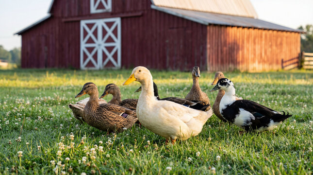 A group of happy farm ducks grazing on lush green grass in front of a classic red barn on a sunny morning