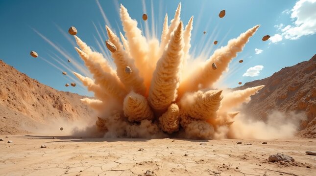 A massive explosion erupts in a desert canyon, sending towering plumes of orange dust and numerous rocks flying high into the bright blue sky, with rugged rocky cliffs framing the scene.