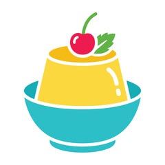 Custard Pudding Dessert in a Blue Bowl Topped with a Fresh Red Cherry and Green Mint Leaf Icon © Sobita's Art