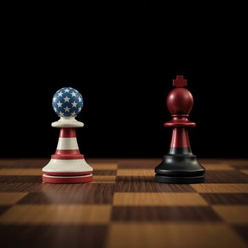 A chessboard with two pawns facing each other, one with an American flag design and the other with a red and black color scheme.