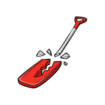 Broken Red Garden Shovel with Pieces Flying Off in Cartoon Style