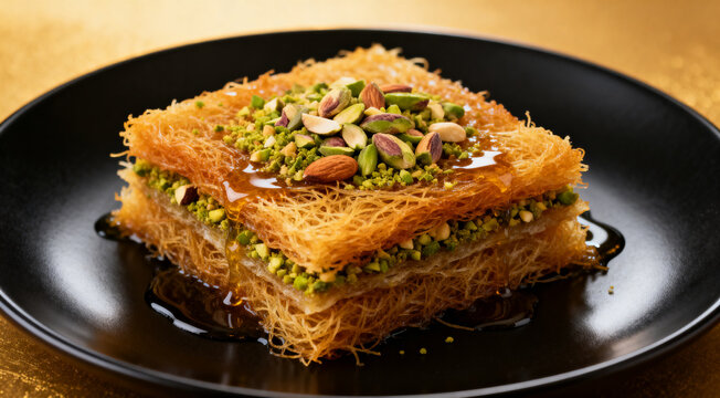 Crispy shredded pastry kunafa (Osmaliah) filled with nuts and pistachios, served on ornate Middle Eastern plate