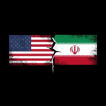A torn flag representing the United States and Iran with a black background