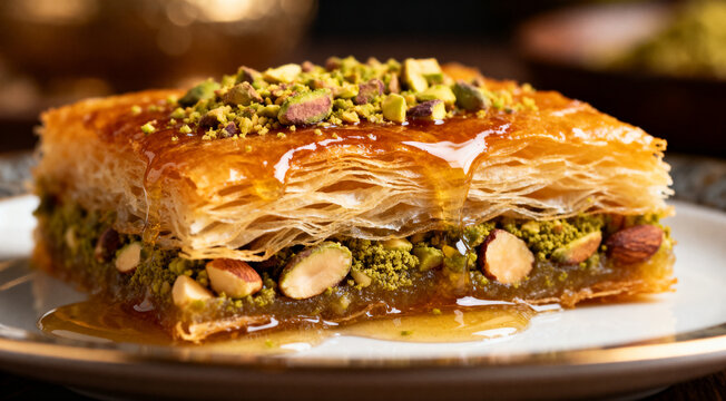 Traditional Arabic kunafa with pistachio filling, golden crispy pastry topped with crushed nuts, served warm on elegant plate