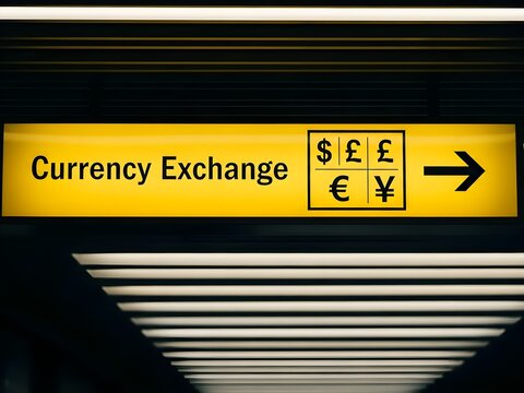 Bright yellow currency exchange sign with international money symbols and arrow pointing right, illuminated in a modern airport terminal.