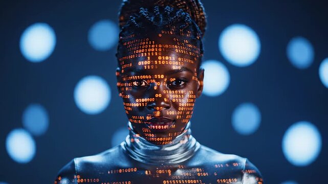 Woman with binary code on face for commercial backgrounds, digital design, and advertising