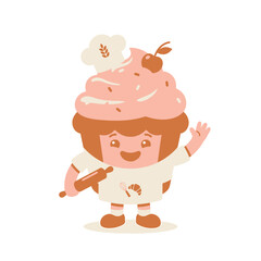 Fototapeta premium Cartoon baker character holding rolling pin with giant cupcake