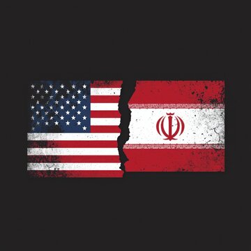 A torn flag of the United States and Iran symbolizing conflict and tension between the two nations.