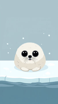 A cute white seal sits on an iceberg with large dark eyes and a small mouth