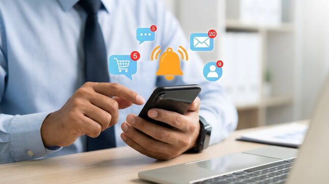 Businessman is using his smartphone, surrounded by multiple holographic notification icons for messages, emails, shopping, and user profiles, indicating constant digital engagement.