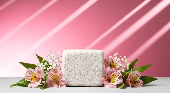 White stone block with pink flowers and green leaves on pink background