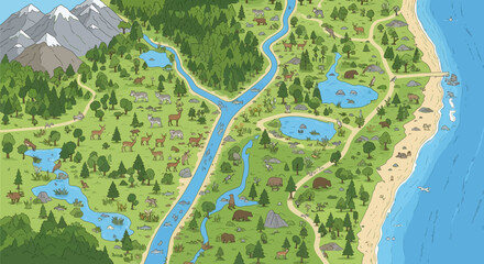 Fototapeta premium Scenic Wilderness Illustrated Map: An illustrated map showcases a thriving wilderness, highlighting diverse ecosystems with mountains, rivers, lakes, forests, and beaches.