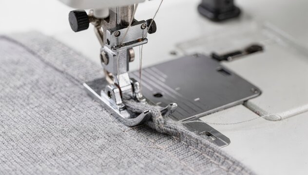 Closeup on an overlock sewing machine with integrated sensors adjusting thread tension dynamically for perfect seam finish on knit materials.