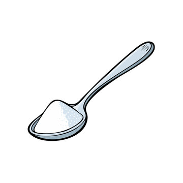 Illustration of a silver spoon holding a pile of granulated white sugar