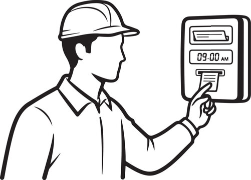 Man in hard hat interacting with digital clock and printer