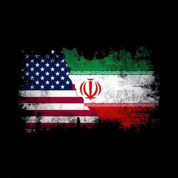 A distressed image of the American and Iranian flags combined in a symbolic representation of international relations