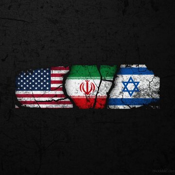 A distressed illustration of the flags of the United States, Iran, and Israel on a dark background