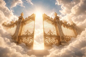 Fototapeta premium Heavenly golden gates amidst clouds.