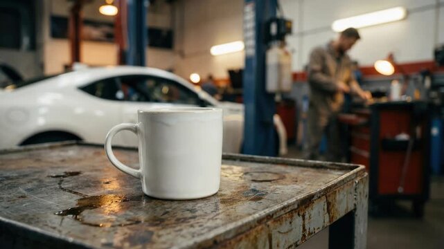 White coffee mug mockup on metal table in automotive repair shop. Mechanic working on car in blurry background industrial garage. Professional template for automotive branding and marketing