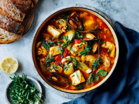 Bouillabaisse, a traditional Proven&ccedil;al fish stew from Marseille, France, known for its rich, saffron-infused broth and variety of seafood