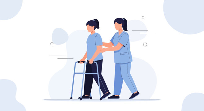 Nurse assisting patient with walker, rehabilitation, physical therapy, healthcare concept