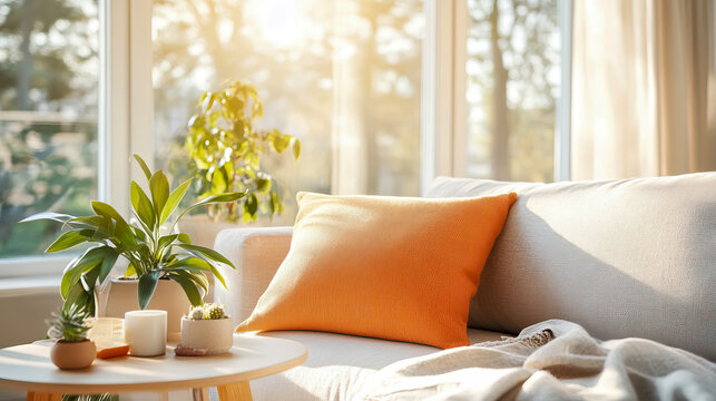 Cozy living room scene bathed in warm, natural sunlight streaming through large window, highlighting comfortable sofa with orange accent pillow and lush green houseplants on side table, creating seren