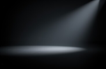 Obraz premium Single stage spotlight illuminating circular floor area on dark theatrical background for dramatic poster banner and presentation design