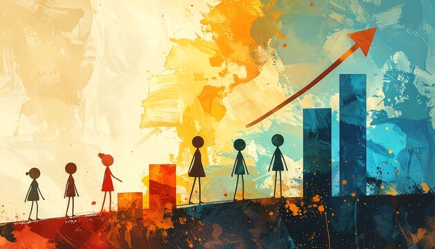 Colorful depiction of team members ascending a rising bar graph with a bold, red arrow