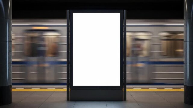 Blank white billboard mockup on subway station platform with blurred train moving fast. Professional indoor advertising banner for urban marketing, transit promotion and brand campaigns