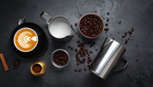 flat lay of a professional barista's latte art kit, stainless steel 