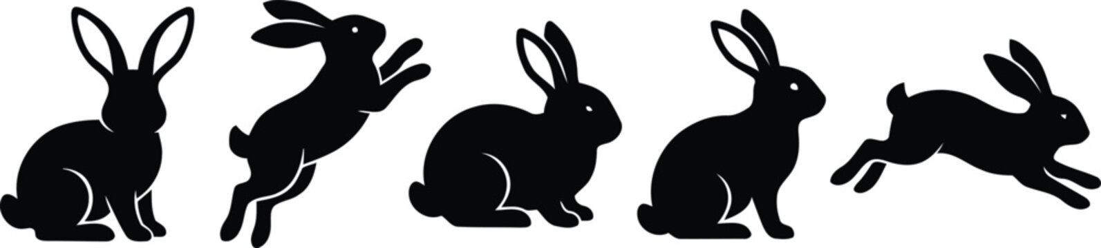 Black rabbit and bunny silhouette set in various poses vector illustration.
