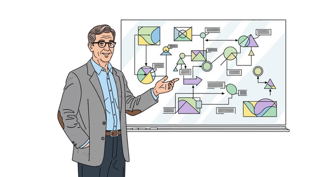 Businessman explaining a flowchart diagram.