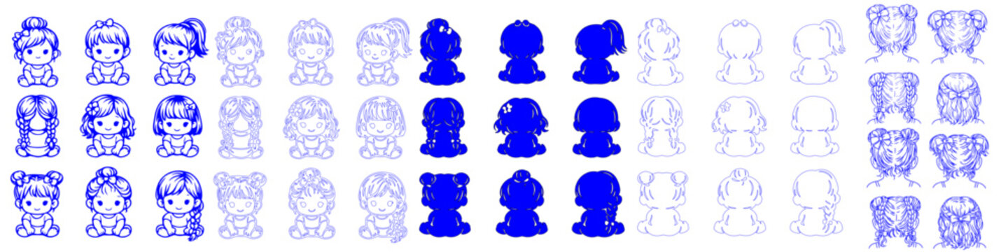 Baby Girls Hairstyle Line Art &ndash; Cute Infant Hair Outline Illustration Set