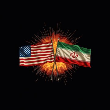 The flags of the United States and Iran against a dramatic explosive background