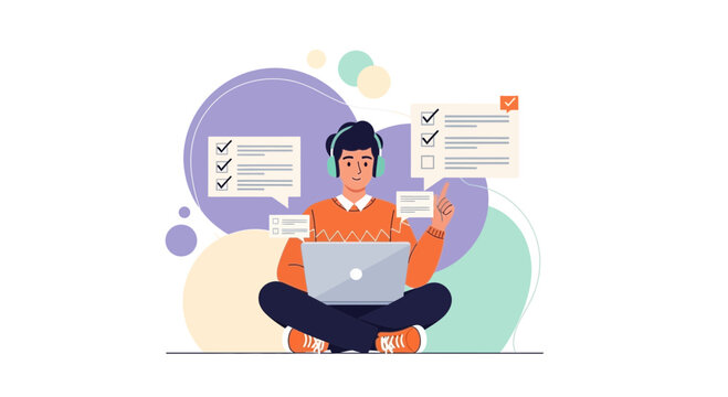 Man with headphones learning online, checking tasks on laptop with checklist and progress