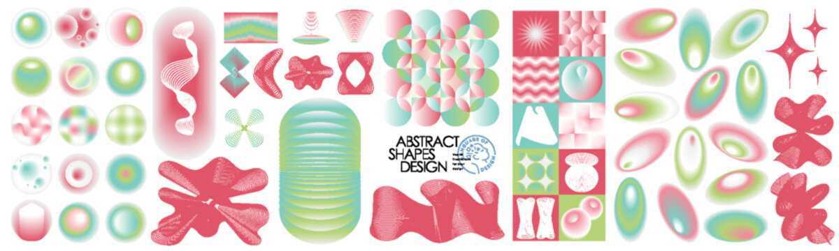 Abstract gradient mesh objects, shapes, and figures. Vector isolated illustrations with fluid waves and halftone effects in a futuristic style on a transparent background for poster, banner, cover