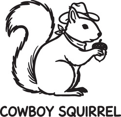Adorable handdrawn cowboy squirrel cartoon illustration wearing a western hat and bandana holding an acorn graphic © GraphicGrove