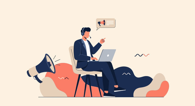 Man with headset and laptop announcing with megaphone, digital marketing concept
