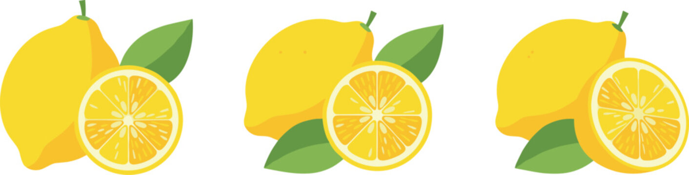 Lemon and Lemon Slice Illustration Set with Green Leaves for Freshness and Culinary Use