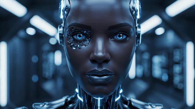 Futuristic humanoid robot in corridor for tech concepts, digital marketing, and futuristic projects