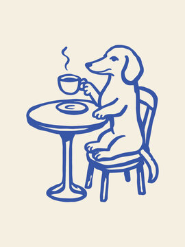 Dog drinking coffee naive doodle vector illustration